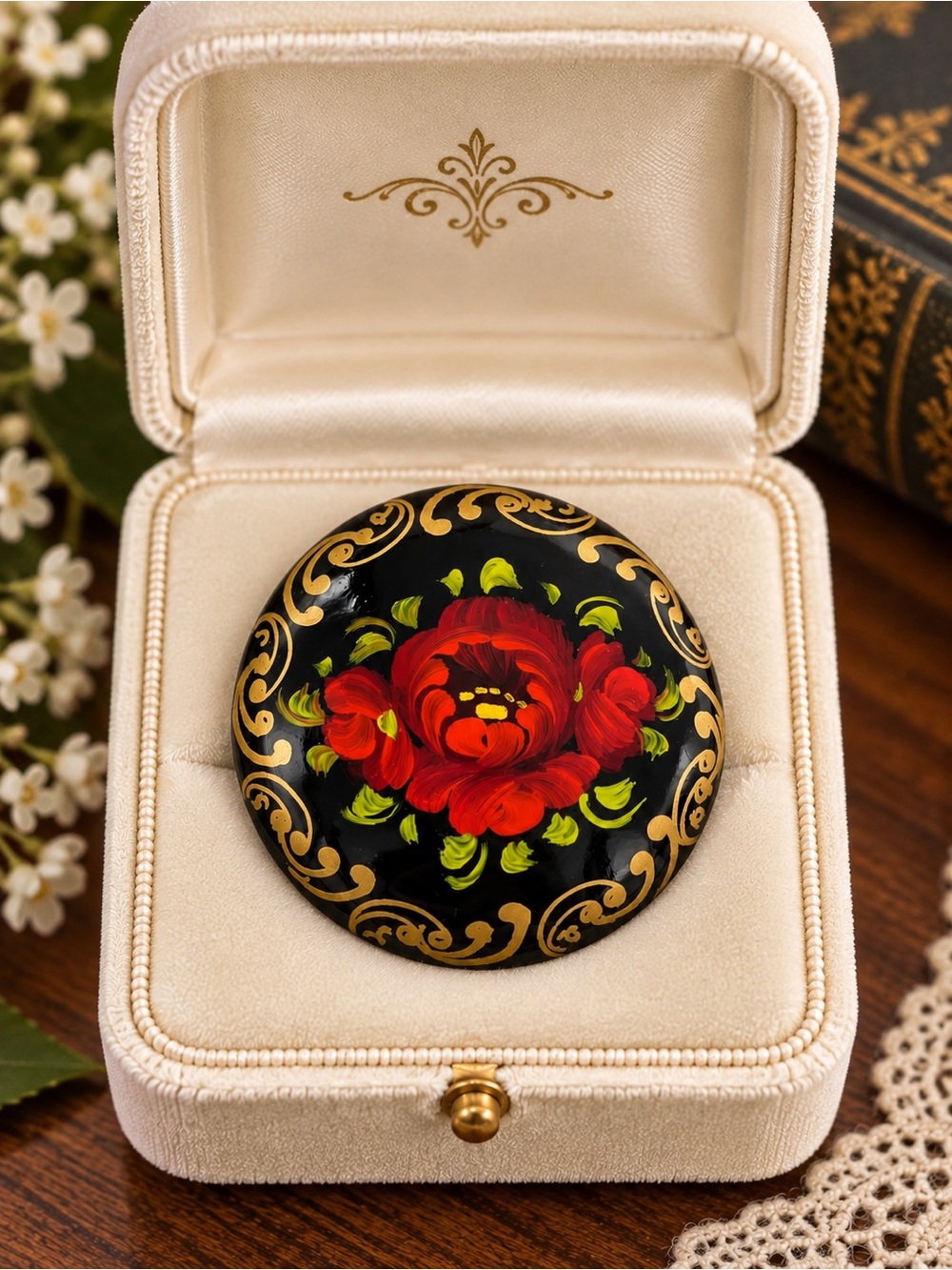 Russian Floral Brooch Hand Painted Signed Black Lacquer Red Rose Flower Vintage